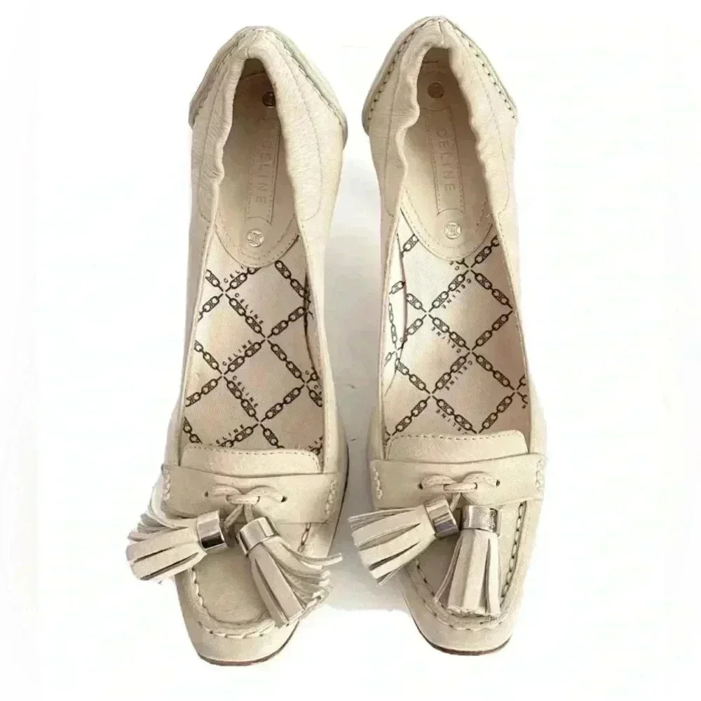 Celine beige with tassels pumps women   leather shoe